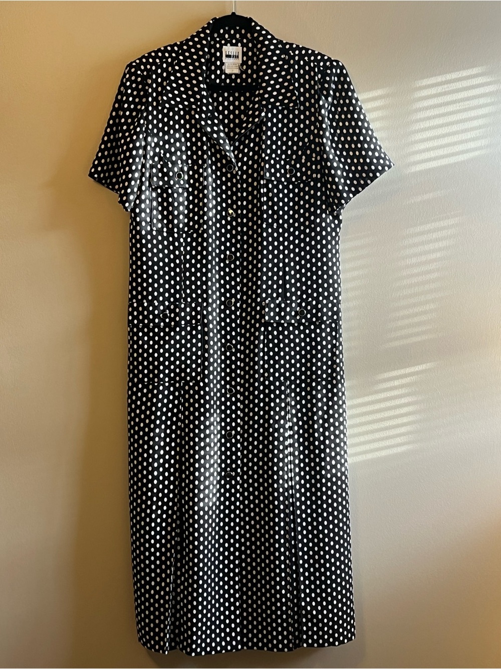 Vintage Leslie Fay black and white polka dot midi dress.